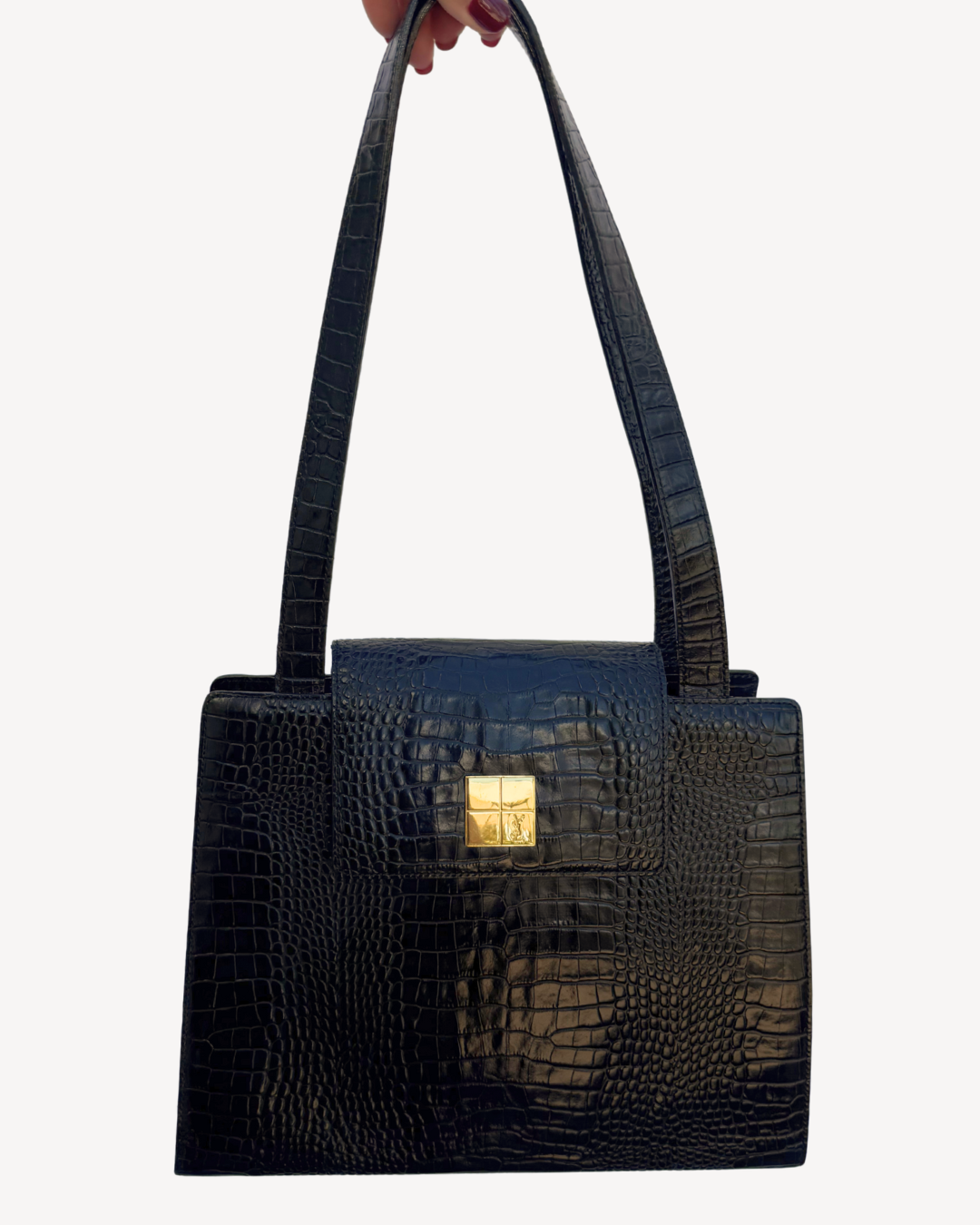 Saint Laurent YSL Vintage Black Croc-Embossed Leather Shoulder Bag