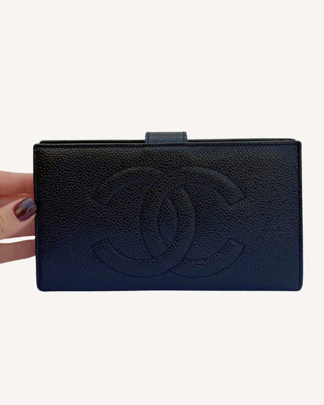 Chanel Vintage 1994 Black Caviar Leather French Wallet