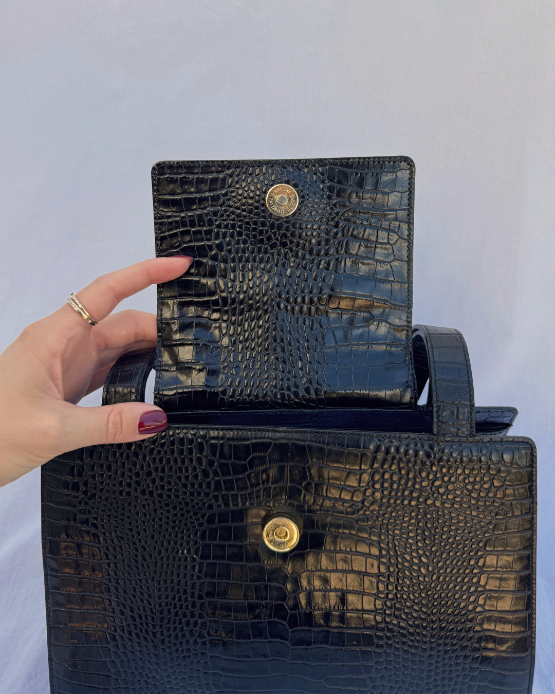 Saint Laurent YSL Vintage Black Croc-Embossed Leather Shoulder Bag