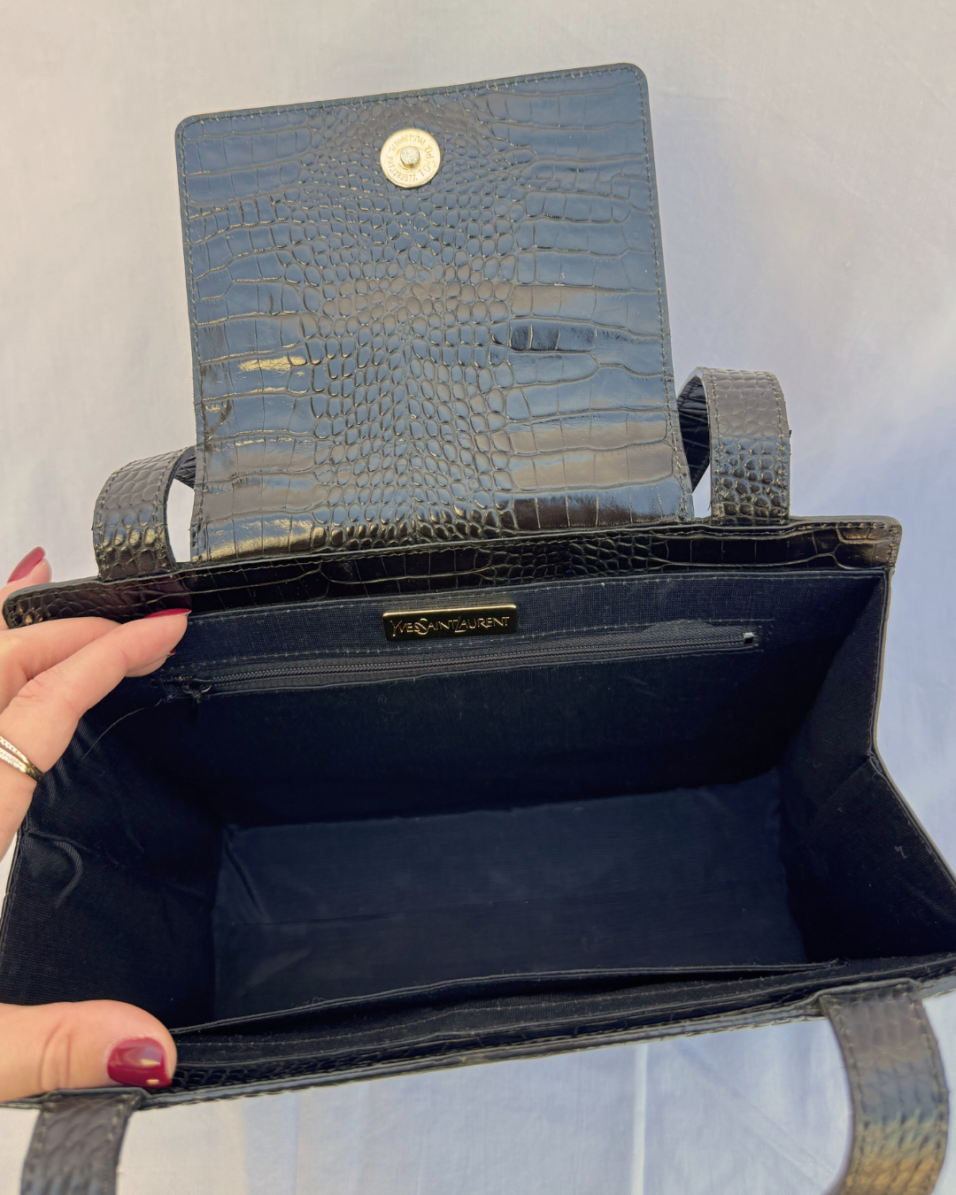Saint Laurent YSL Vintage Black Croc-Embossed Leather Shoulder Bag