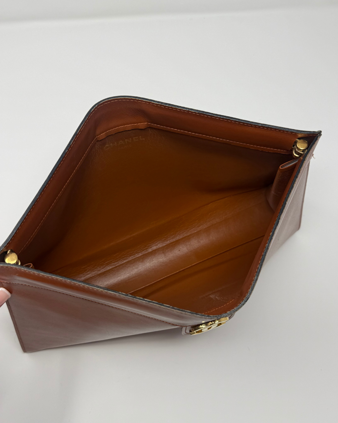 Chanel Smooth Leather Cognac Brown Vintage Clutch