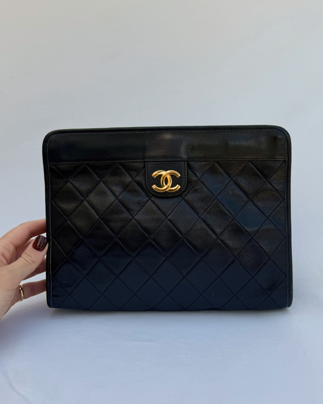 Chanel Vintage Lambskin Black Leather Matelassé Clutch