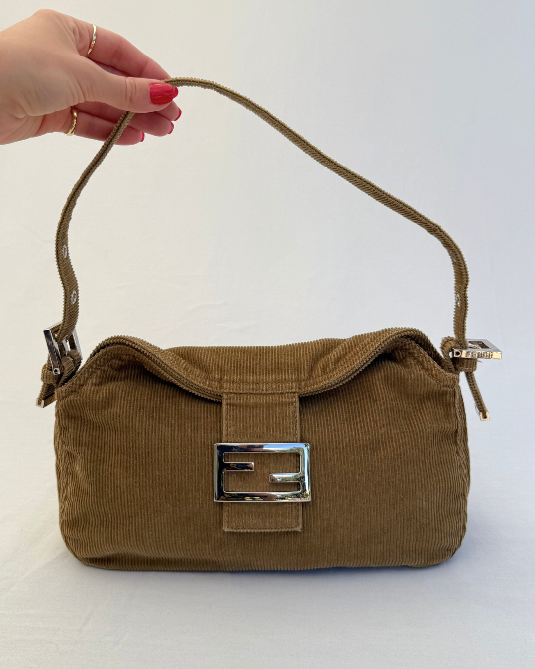 Fendi Vintage Corduroy Double Flap Baguette Bag
