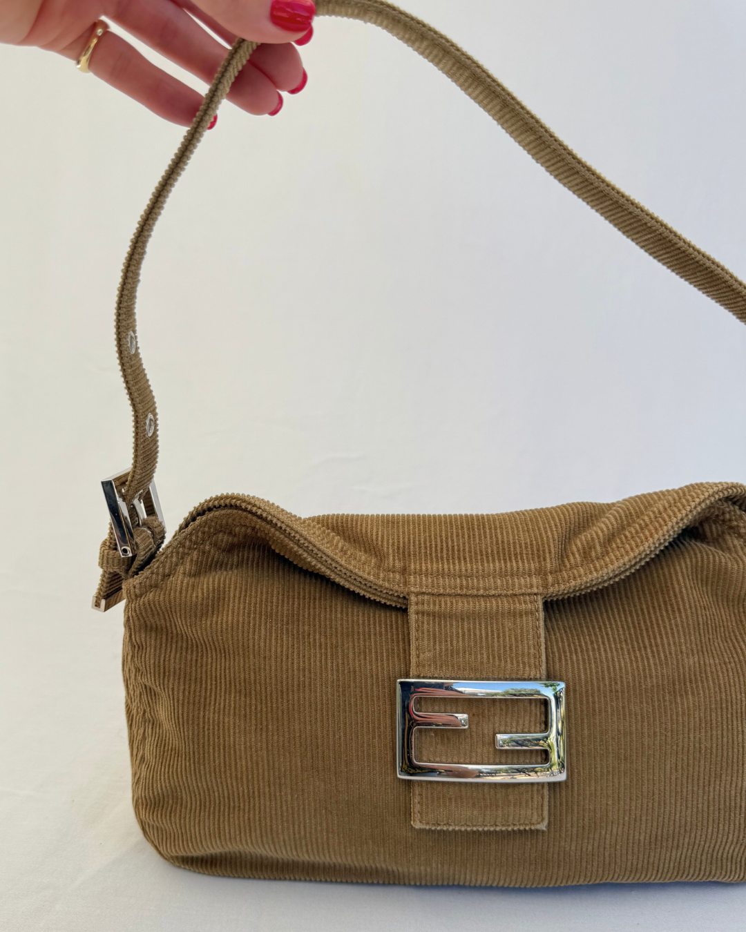 Fendi Vintage Corduroy Double Flap Baguette Bag