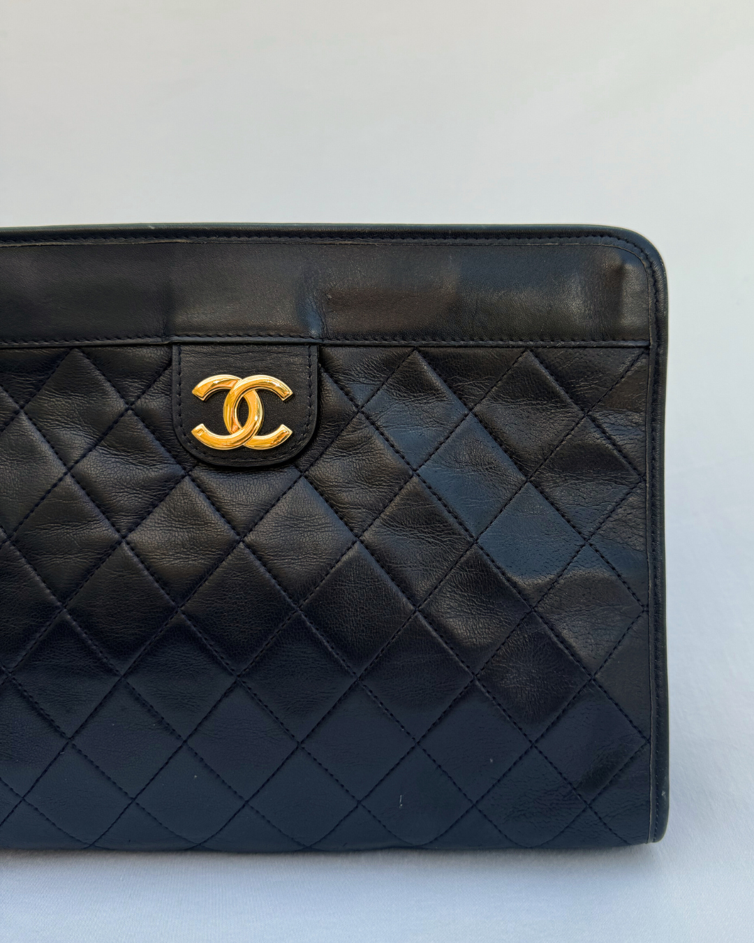 Chanel Vintage Lambskin Black Leather Matelassé Clutch