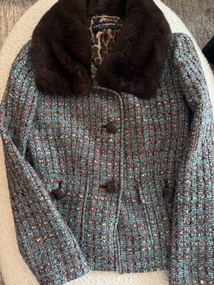 Dolce & Gabbana Vintage Tweed & Fur Collar Evening Jacket