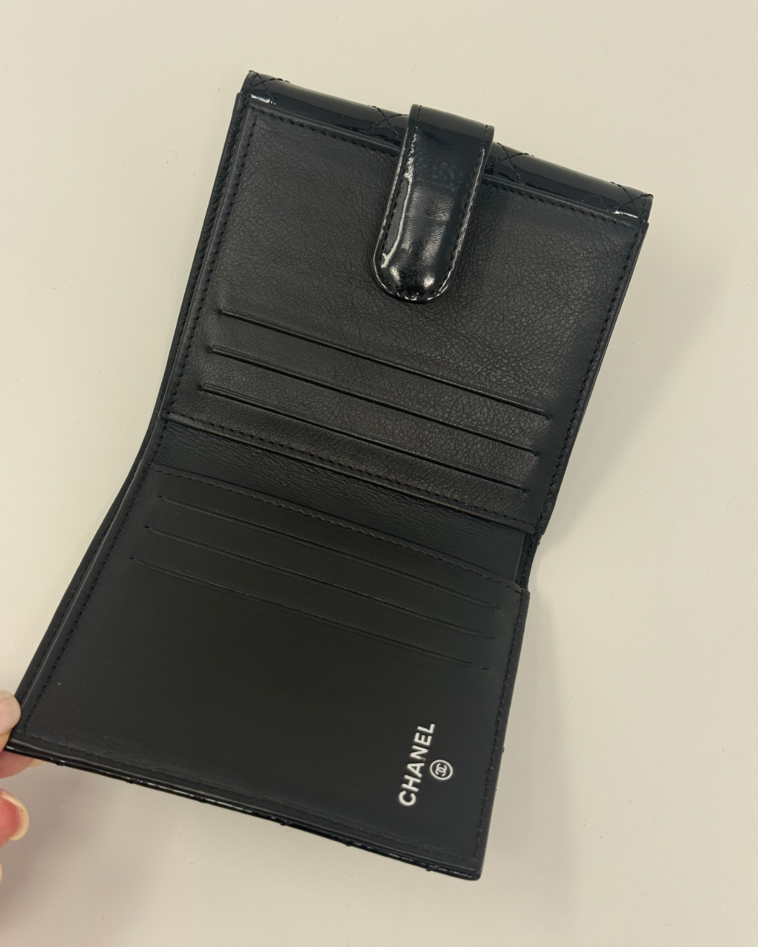 Chanel Vintage Black Patent Leather Quilted Wallet