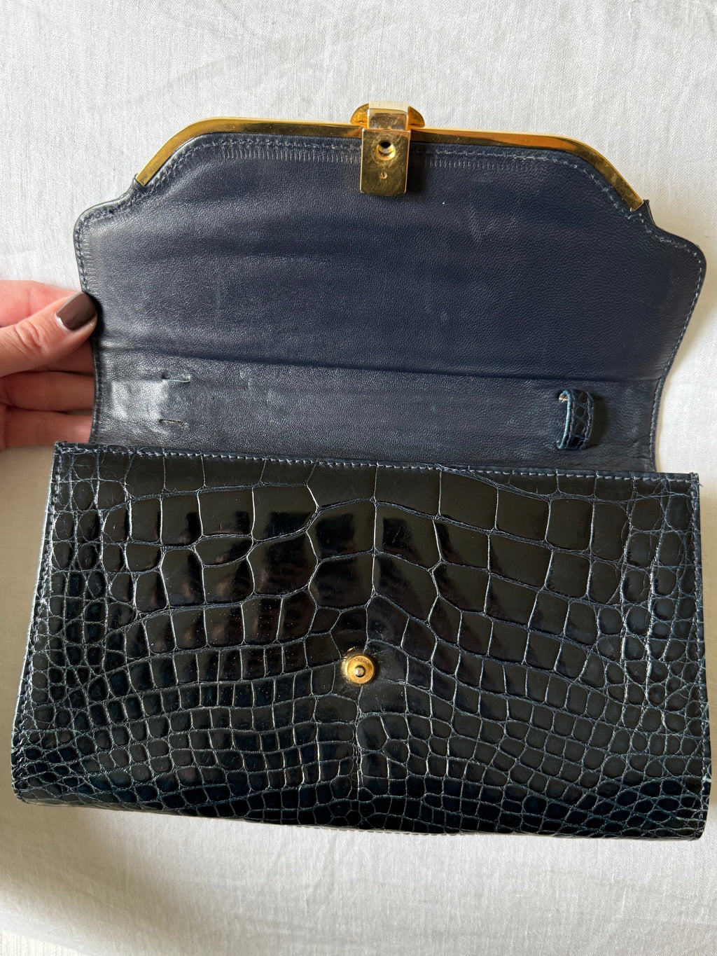 Gucci Vintage Croc-Embossed Patent Leather Navy Clutch