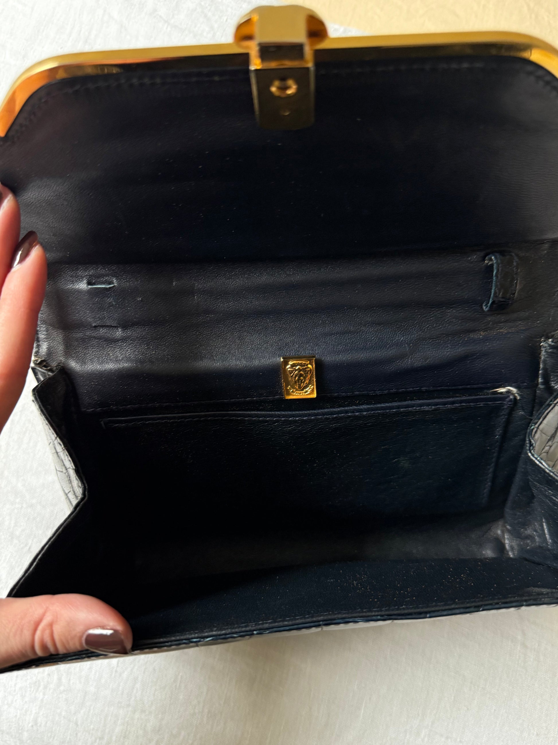 Gucci Vintage Croc-Embossed Patent Leather Navy Clutch