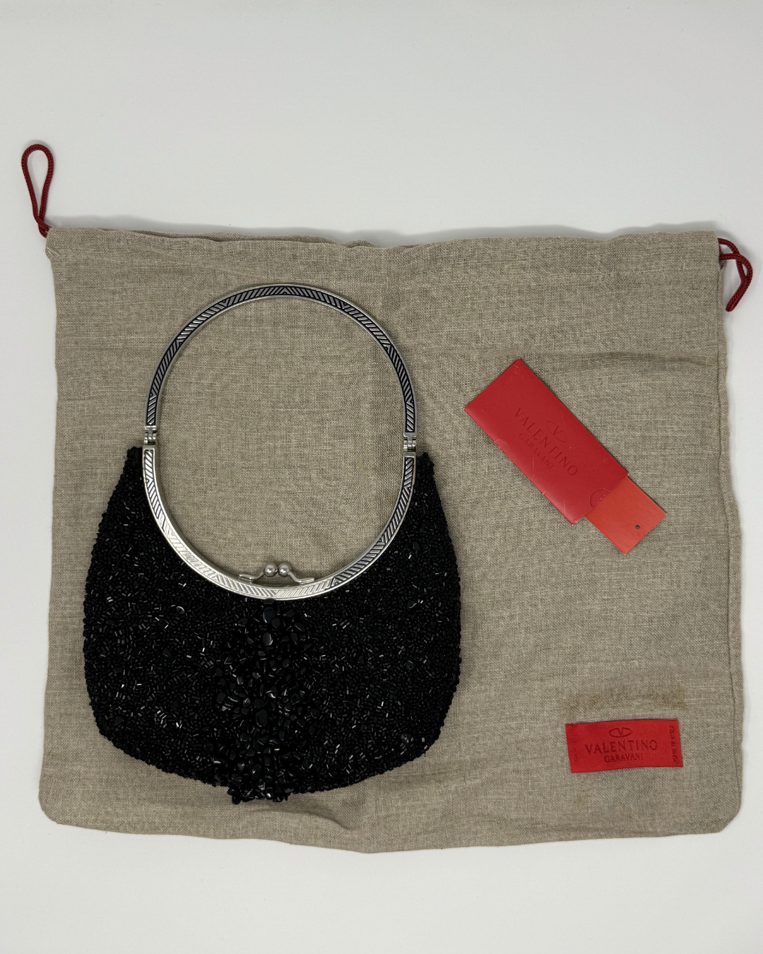 Valentino Vintage Black Beaded & Silver Round Evening Handle Bag