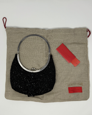 Valentino Vintage Black Beaded & Silver Round Evening Handle Bag