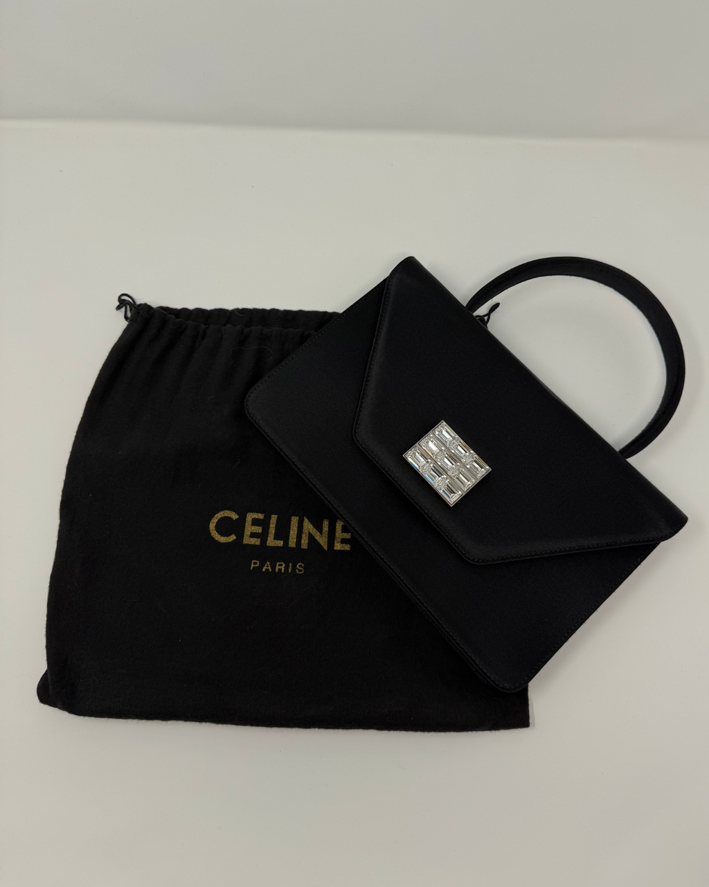 Celine Vintage 2000's Black Satin Envelope Clutch