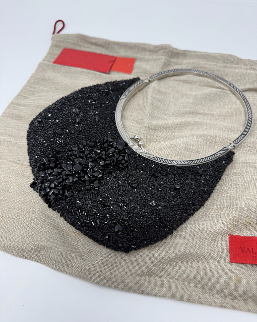 Valentino Vintage Black Beaded & Silver Round Evening Handle Bag