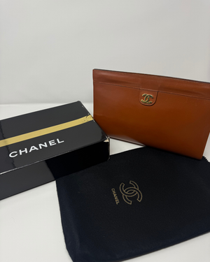 Chanel Smooth Leather Cognac Brown Vintage Clutch