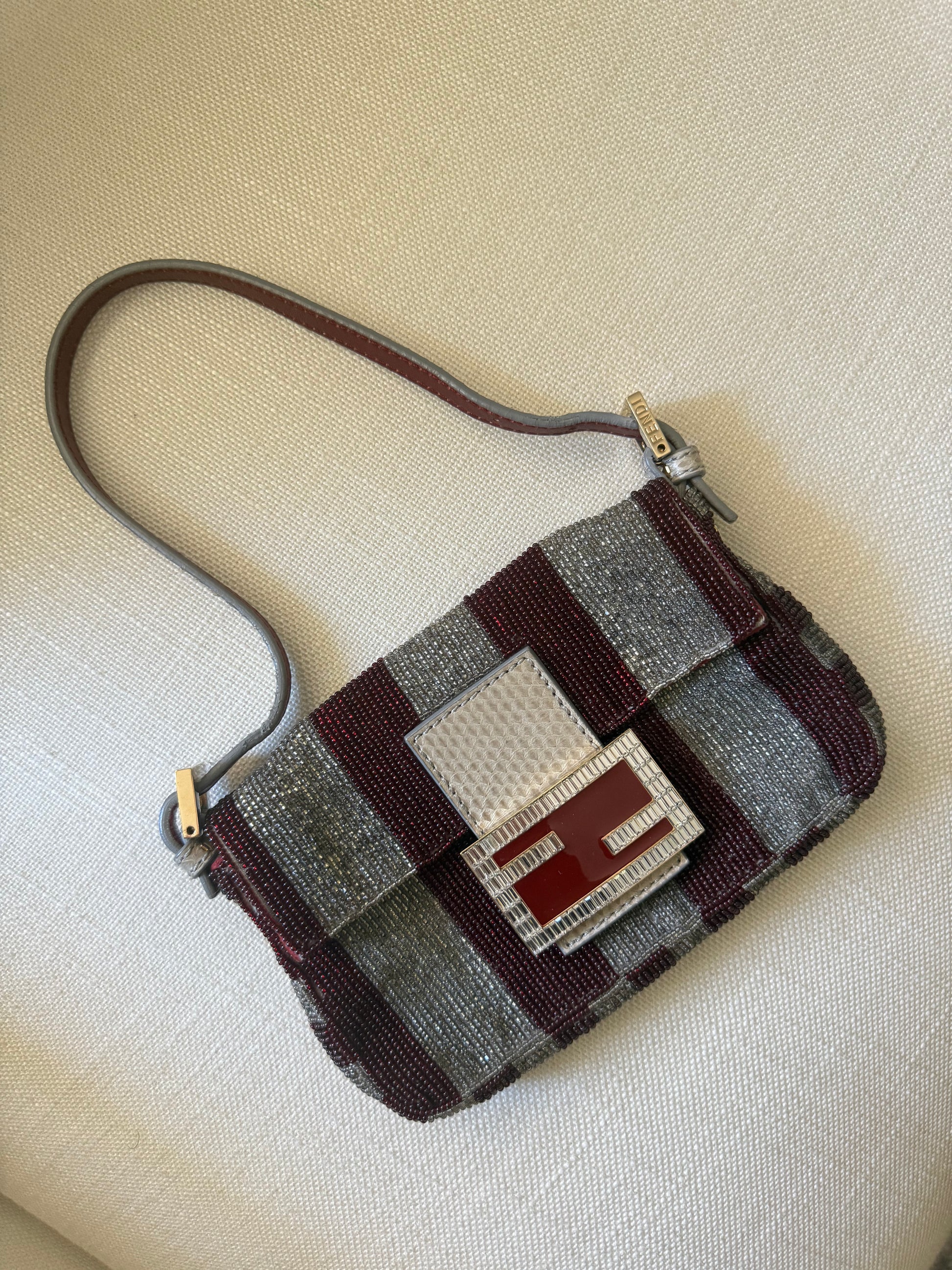 Fendi Vintage 2011 Satin Striped Beaded Baguette Mini Bag