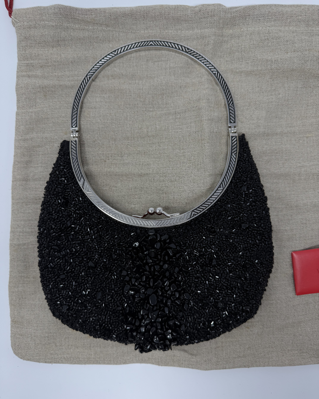 Valentino Vintage Black Beaded & Silver Round Evening Handle Bag
