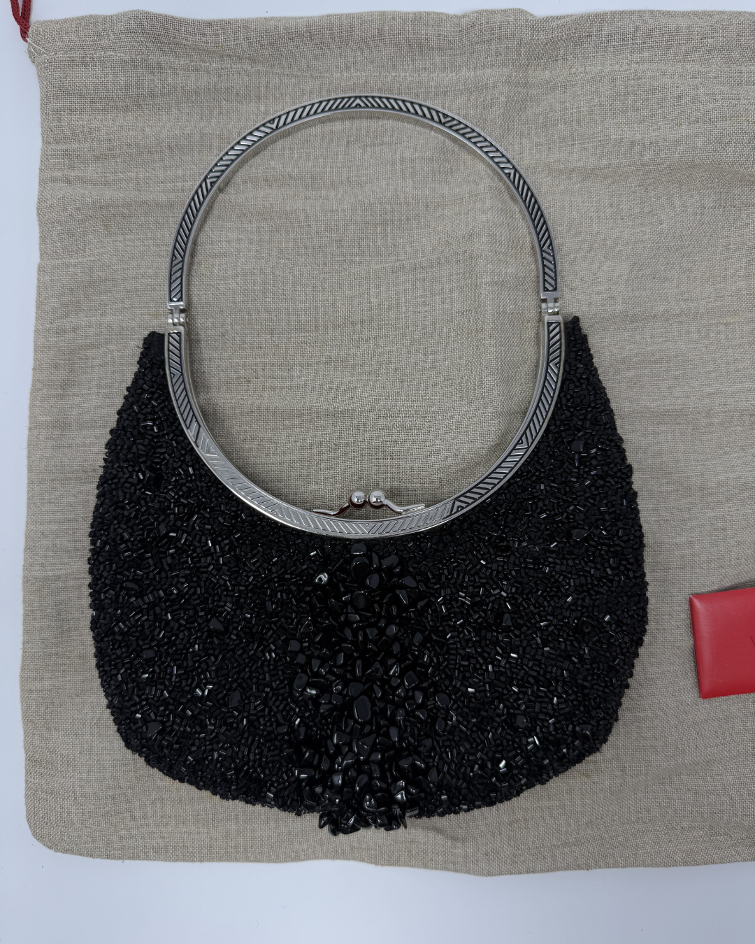 Valentino Vintage Black Beaded & Silver Round Evening Handle Bag