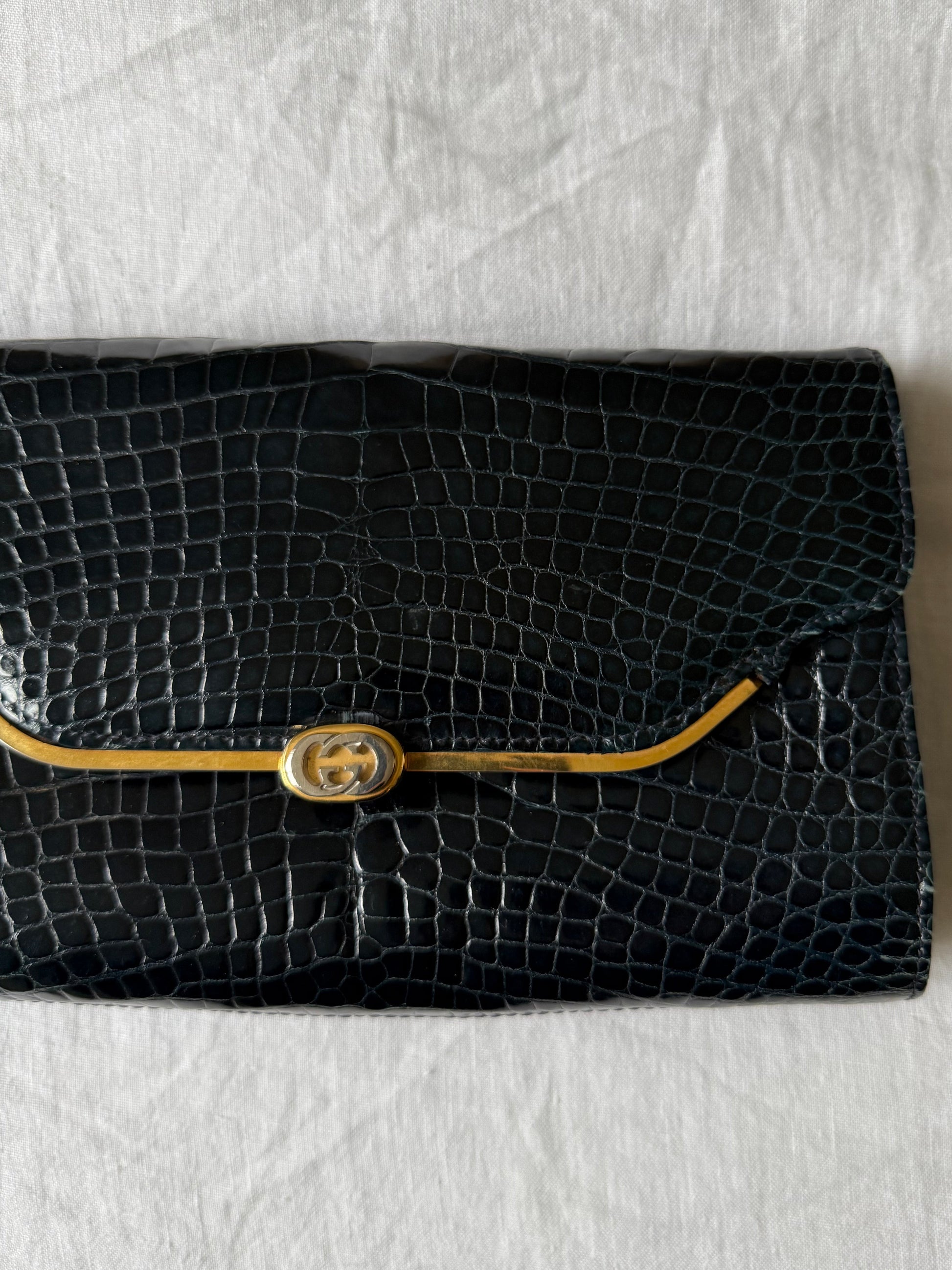 Gucci Vintage Croc-Embossed Patent Leather Navy Clutch