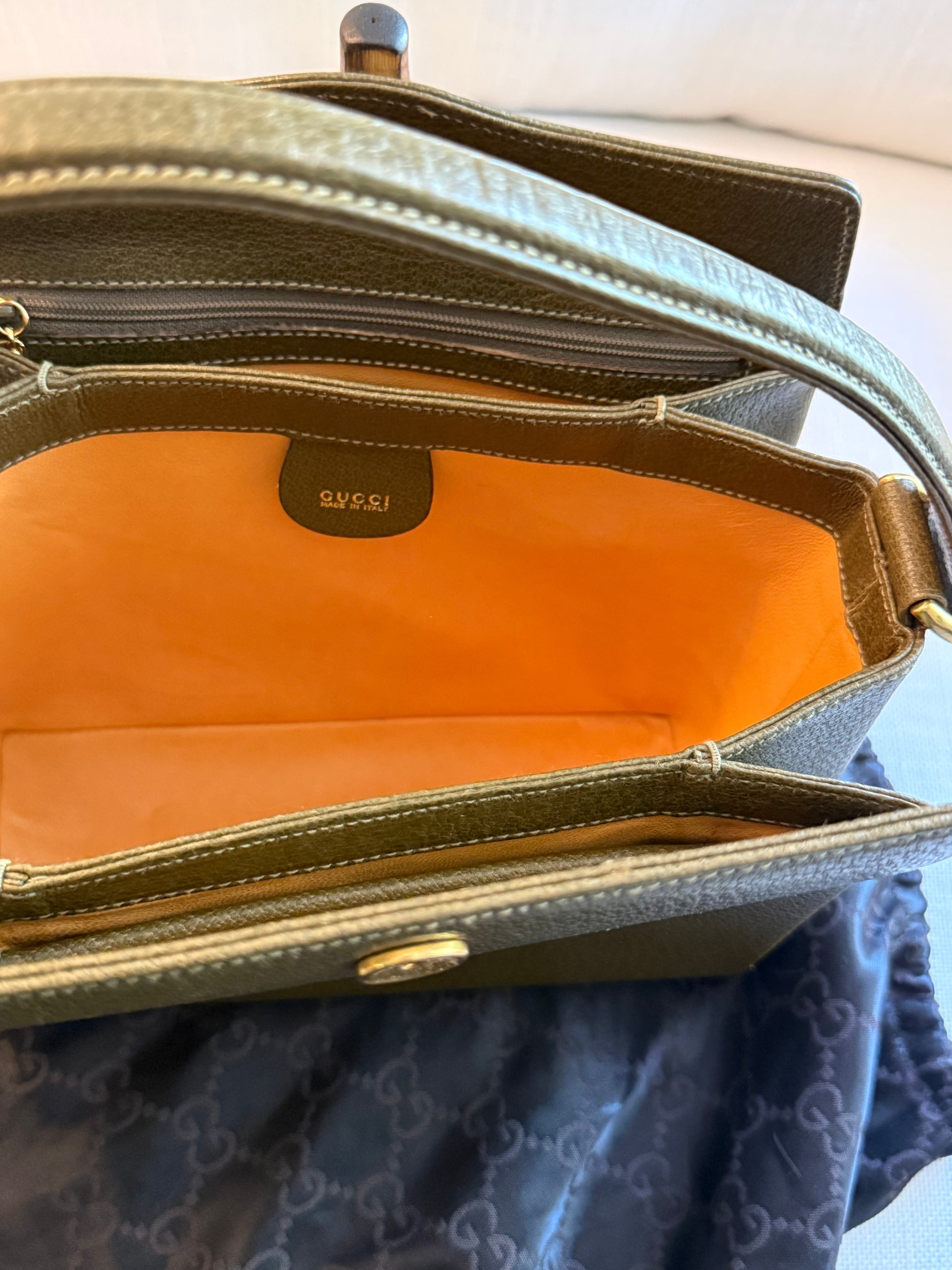 Gucci Bamboo Turnlock Olive Green Leather Handbag