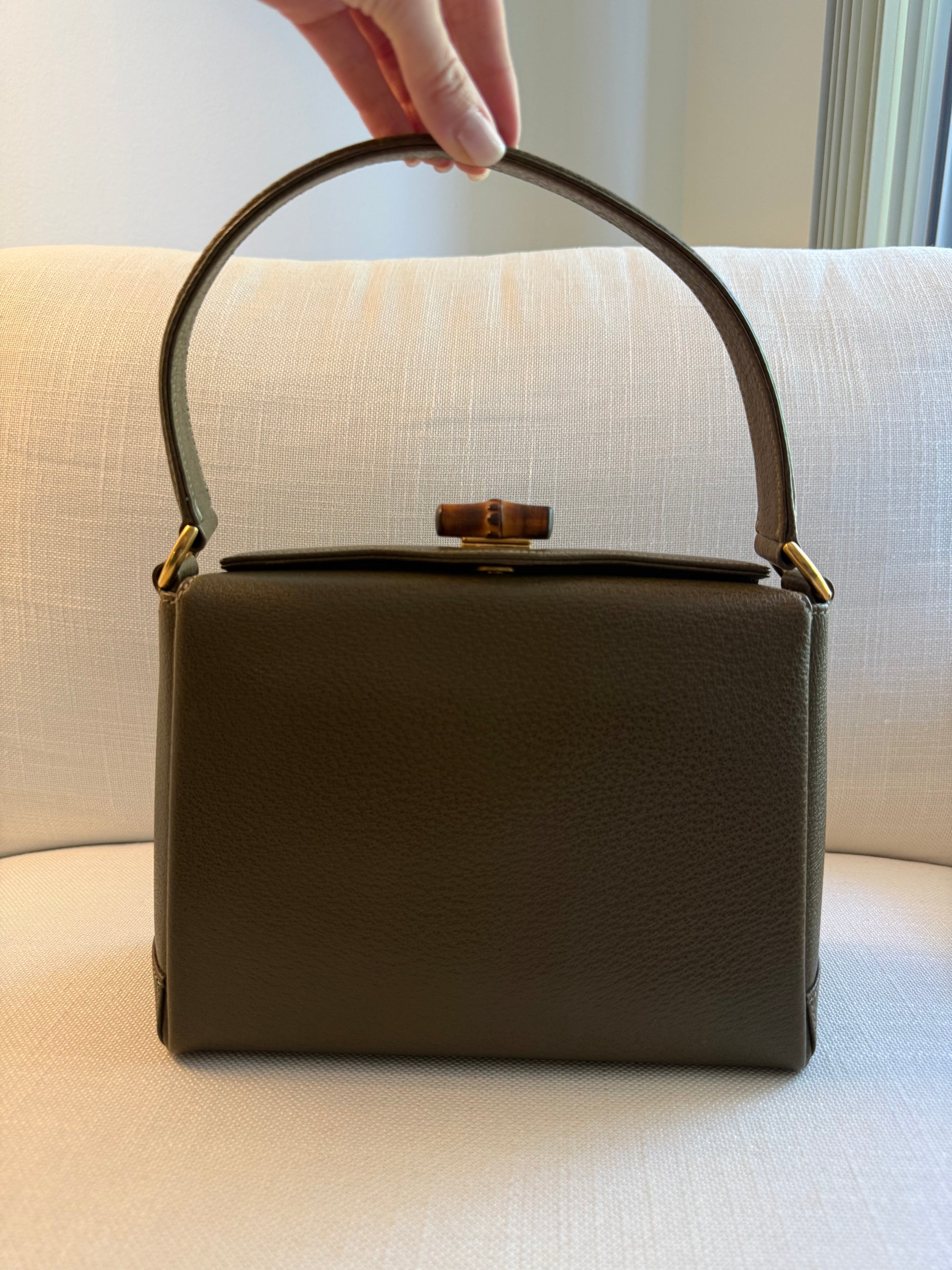 Gucci Bamboo Turnlock Olive Green Leather Handbag