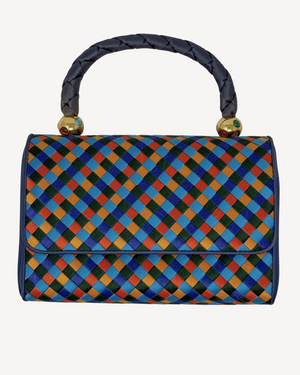 Colorful checkered handbag with a patterned handle on a white background