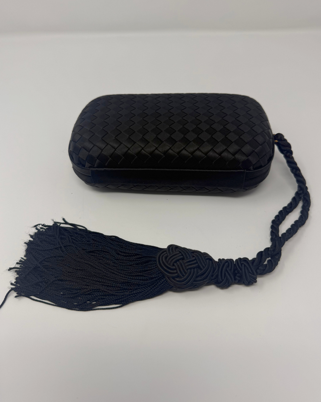Bottega Veneta Vintage Intrecciato Tassel Black Satin Clutch Bag