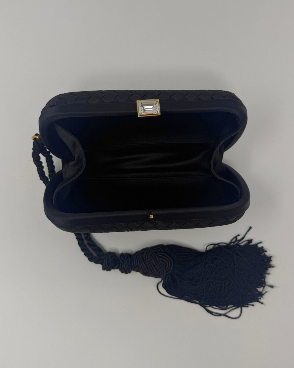 Bottega Veneta Vintage Intrecciato Tassel Black Satin Clutch Bag