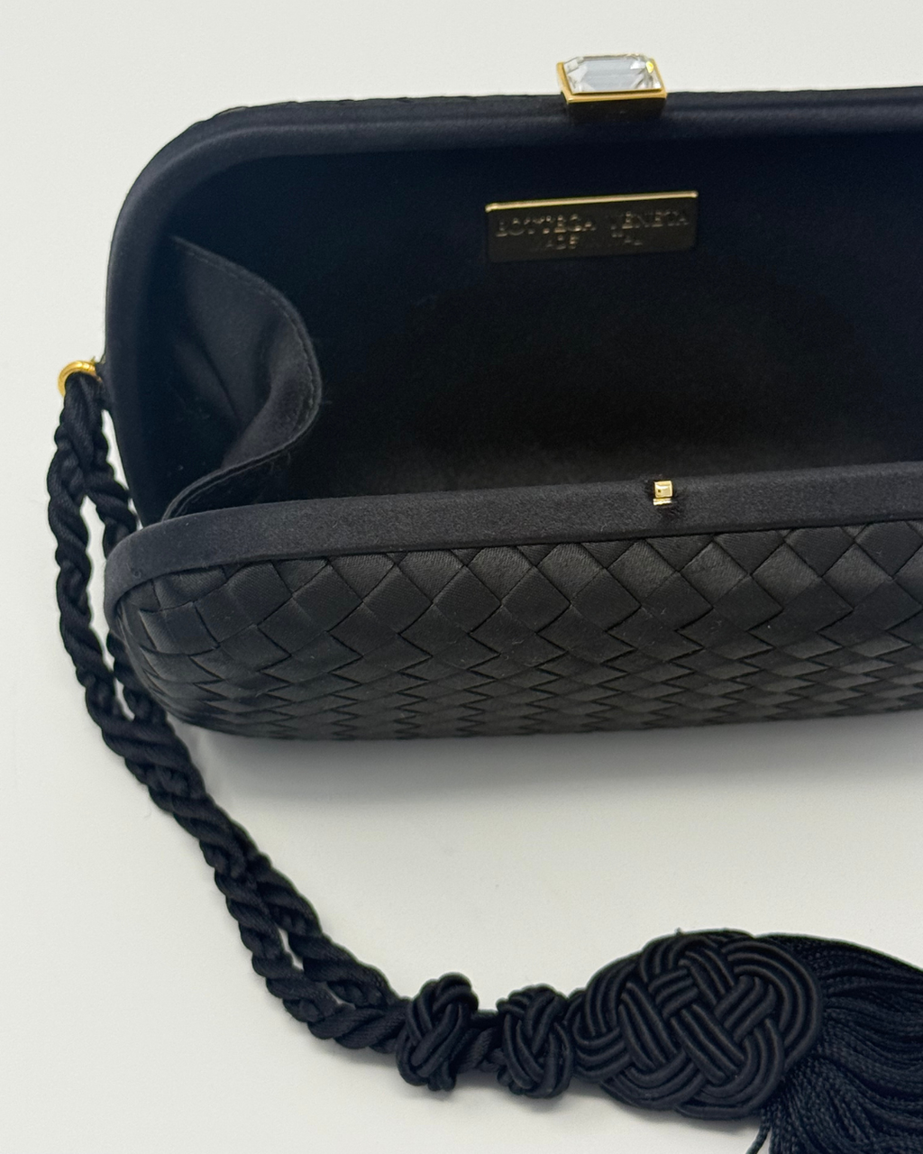 Bottega Veneta Vintage Intrecciato Tassel Black Satin Clutch Bag