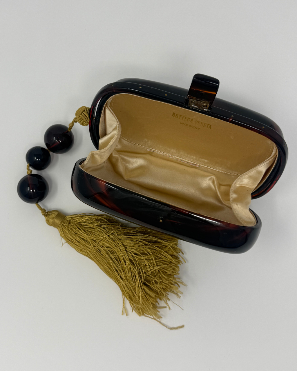 Bottega Veneta Vintage Tortoise and Gold Beaded Tassel Clutch