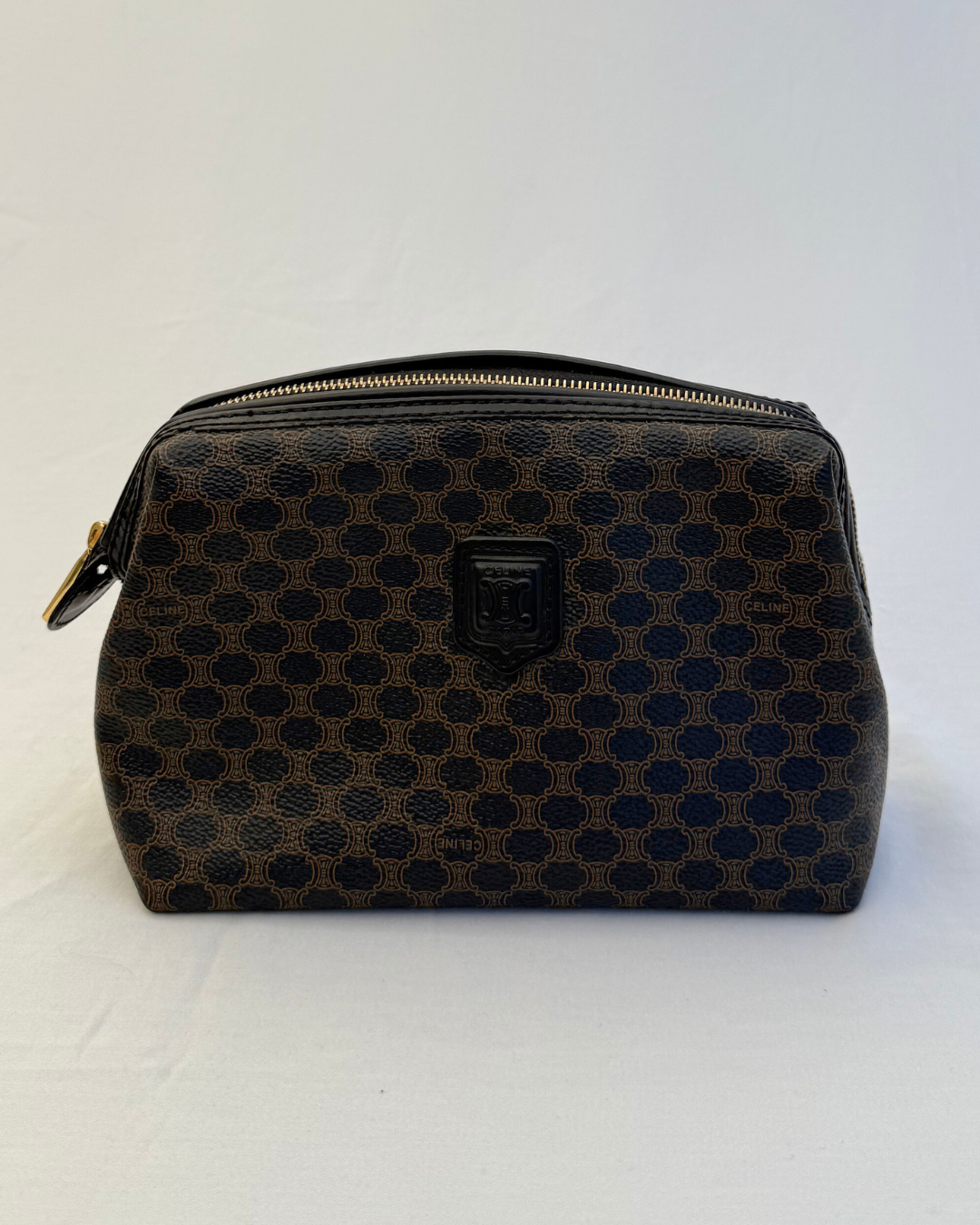Front view of Celine Vintage Macadam Portfolio Brown Cosmetic Bag on white background