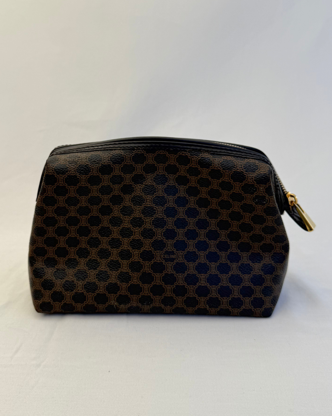 Backside view of Celine Vintage Macadam Portfolio Brown Cosmetic Bag on white background