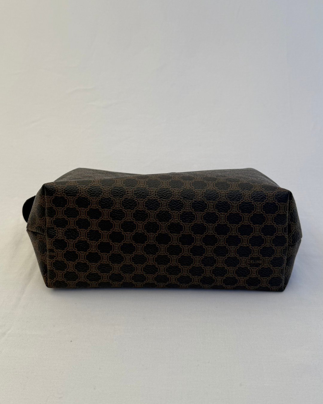 Bottom view of Celine Vintage Macadam Portfolio Brown Cosmetic Bag on white background