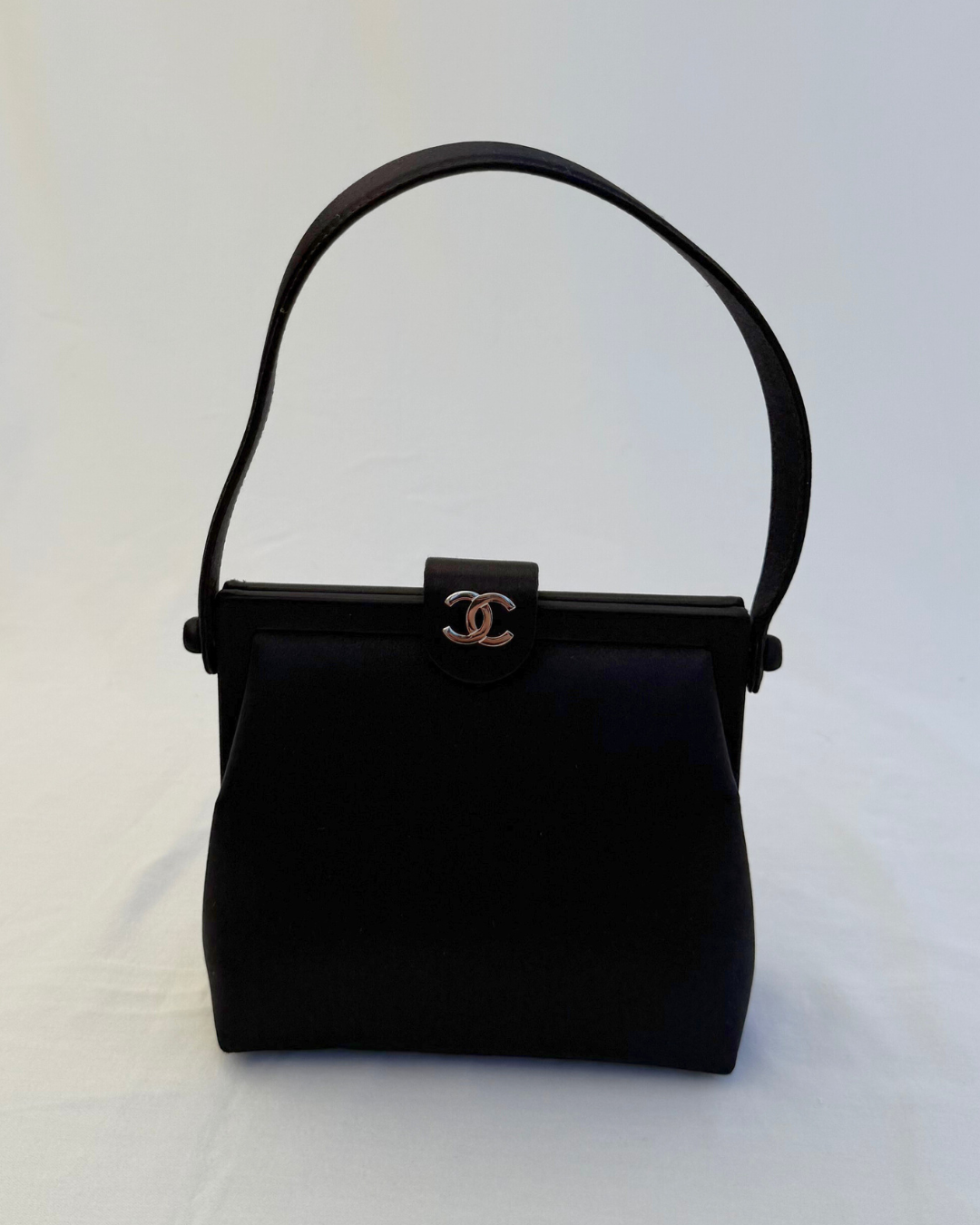 Second front view image of Chanel Rare Vintage 1997 Mini Black Satin Frame Evening Bag on white background