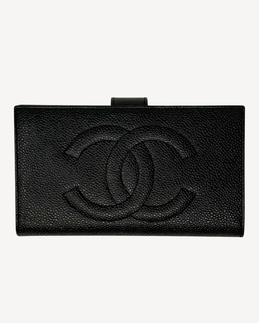 Black leather french wallet with Chanel logo on a white background