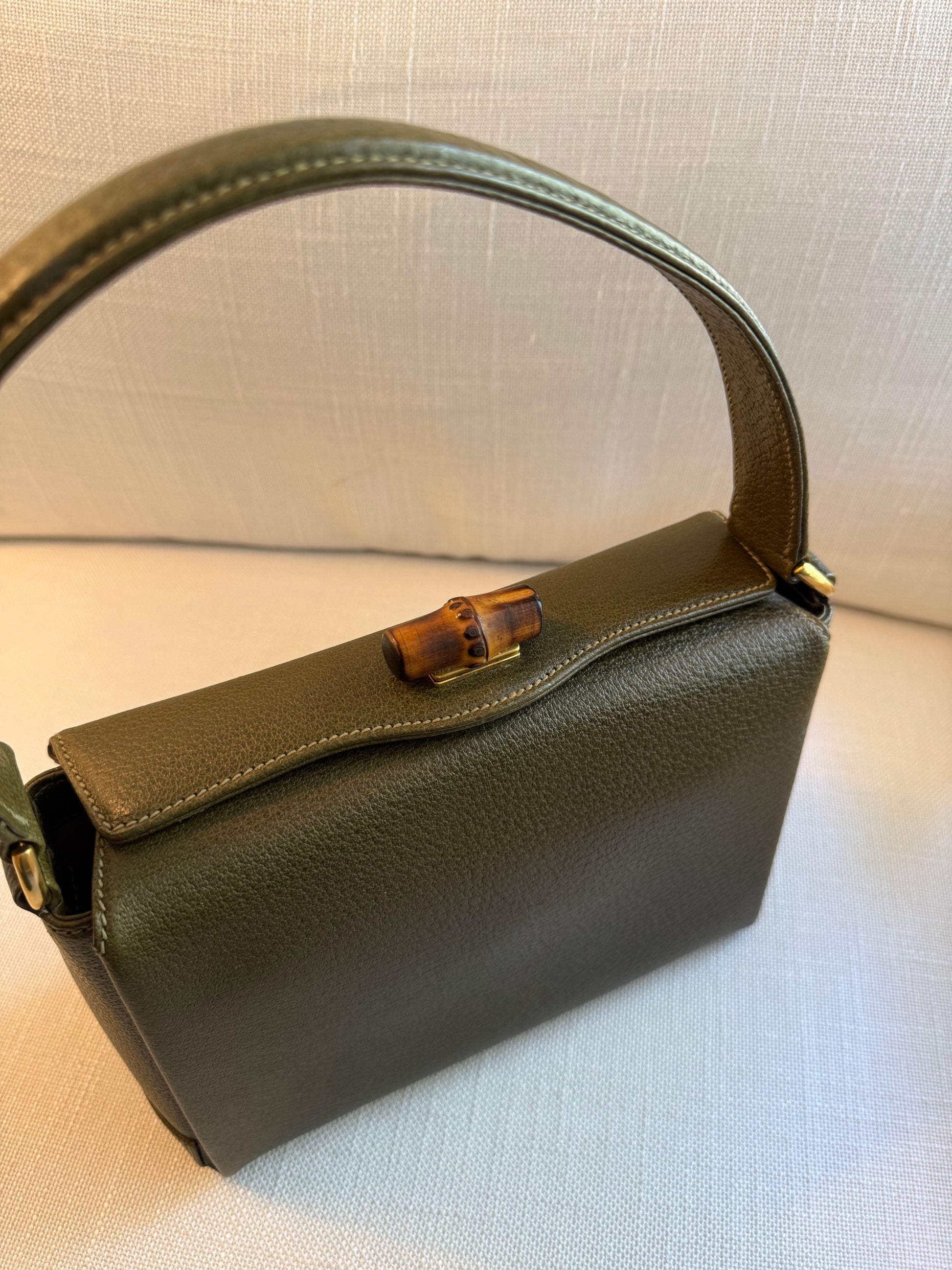 Gucci Bamboo Turnlock Olive Green Leather Handbag