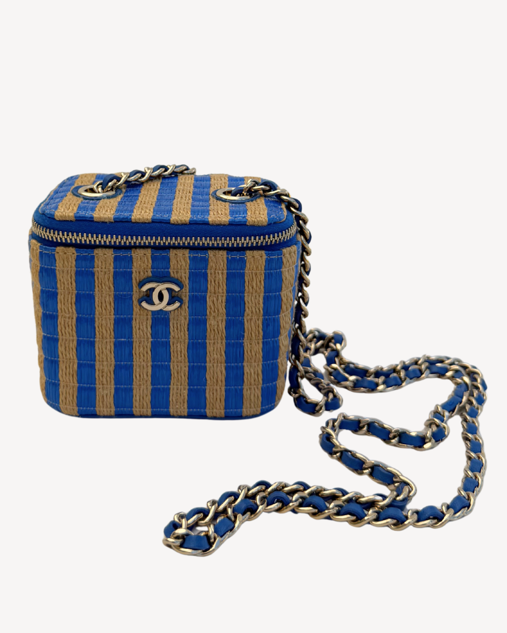 Chanel 2021 Blue Raffia Striped Mini Vanity Case Bag
