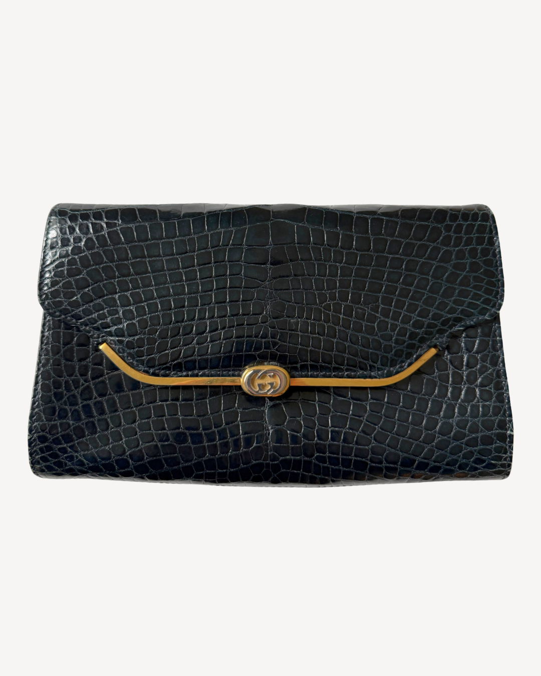 Gucci Vintage Croc-Embossed Patent Leather Navy Clutch