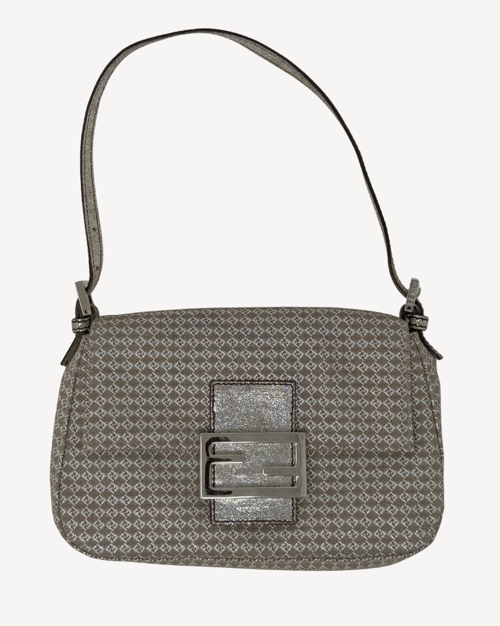 Gray patterned Fendi Zucchino Vintage Mini Mama handbag with a prominent silver buckle on a white background