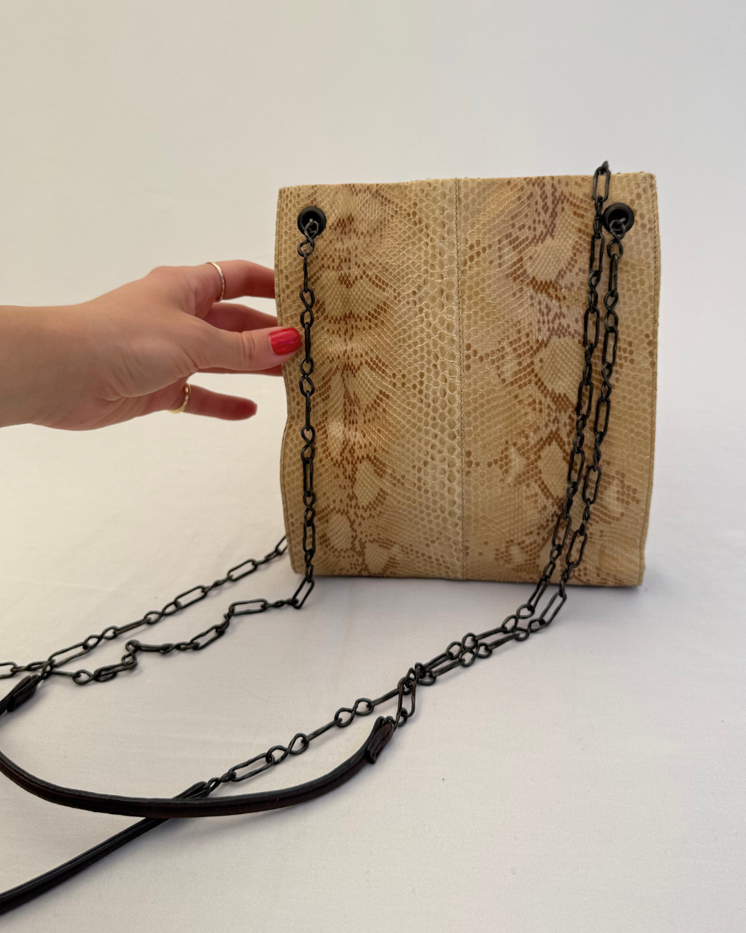 Backside view of Prada Rare Vintage Enameled Metal Triangle Snakeskin Shoulder Bag on white background