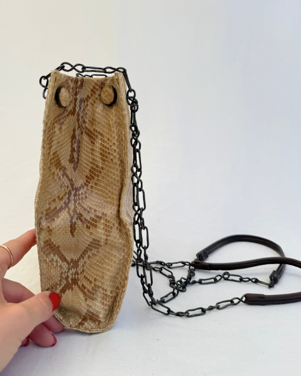 Side view of Prada Rare Vintage Enameled Metal Triangle Snakeskin Shoulder Bag on white background