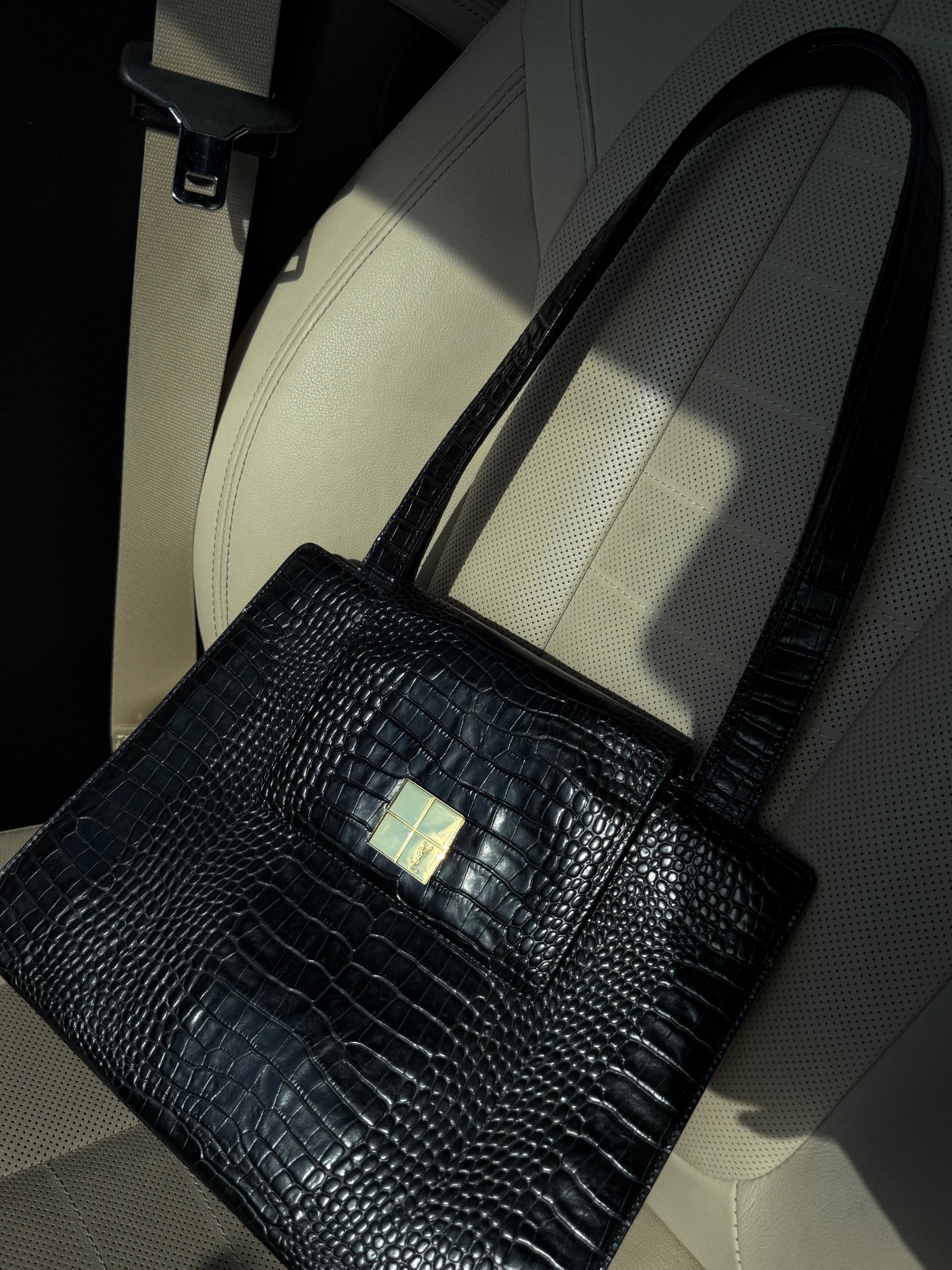 Saint Laurent YSL Vintage Black Croc-Embossed Leather Shoulder Bag