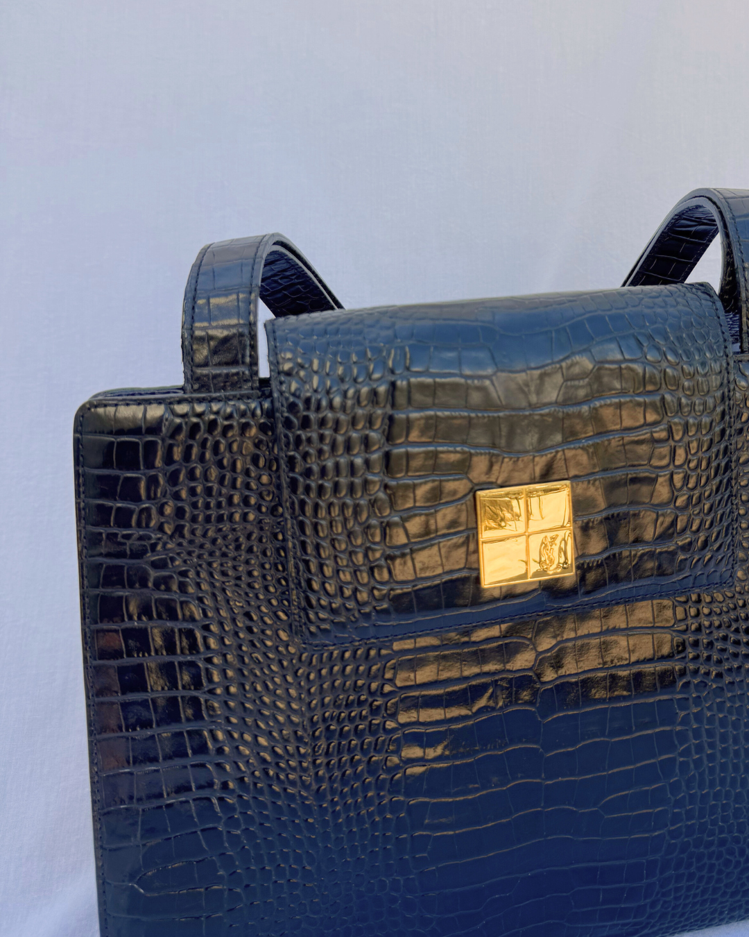 Saint Laurent YSL Vintage Black Croc-Embossed Leather Shoulder Bag