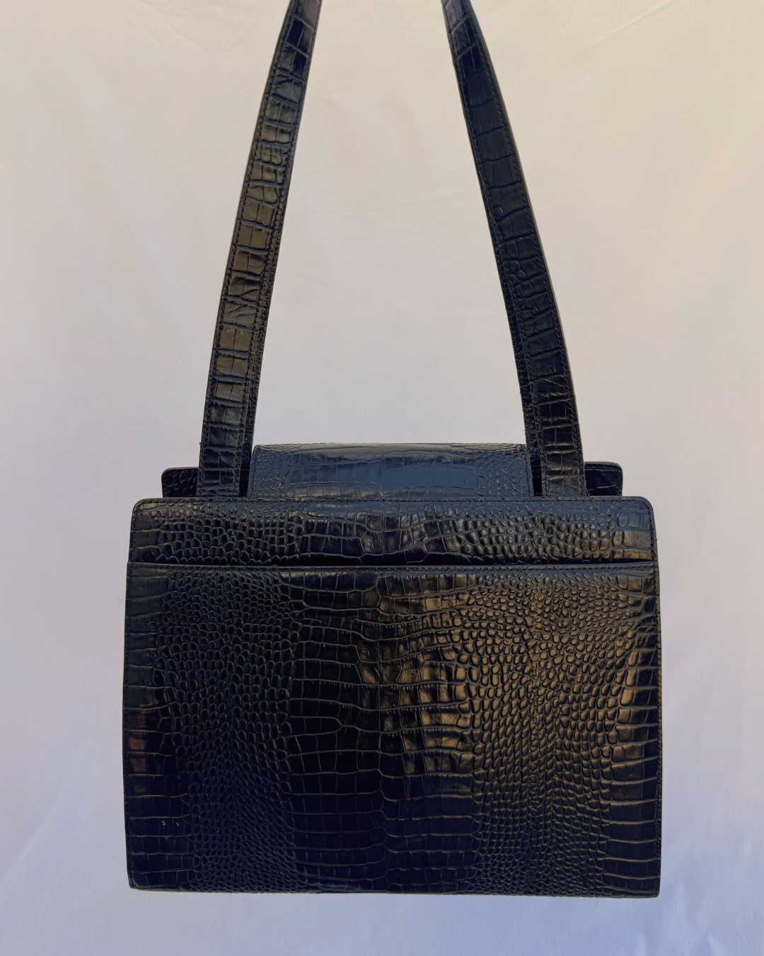 Saint Laurent YSL Vintage Black Croc-Embossed Leather Shoulder Bag